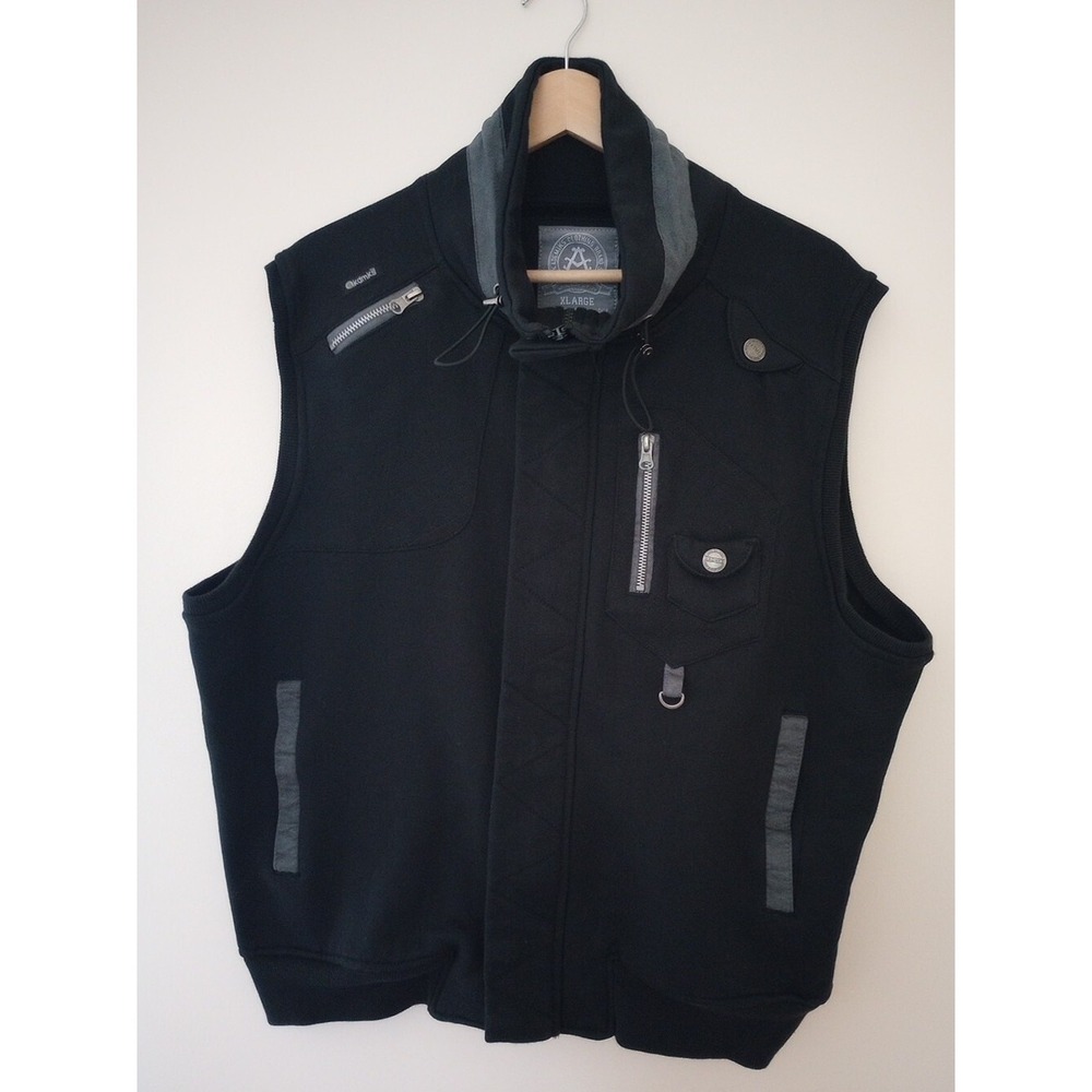 Akademiks Men's Cotton Vest Adjustable Collar/Zipper Pockets X Large Black EUC